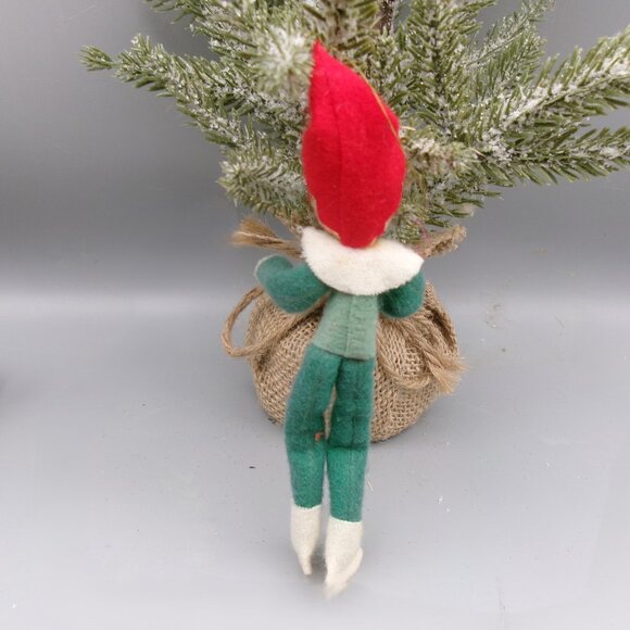 Green Poseable Pixie Elf Ornament, Paper Mache or Composite Face, Vtg Christmas - Picture 5 of 6